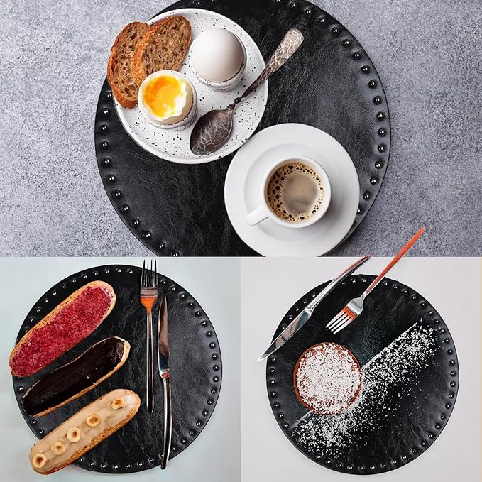 FAVE Black Faux Leather Placemats 13.78Inches Round Placemat Set of 4 Heat Resistant Place Mats with Rivets Placemat for Wedding, Banquet, Birthday, Party, Restaurant (Black)