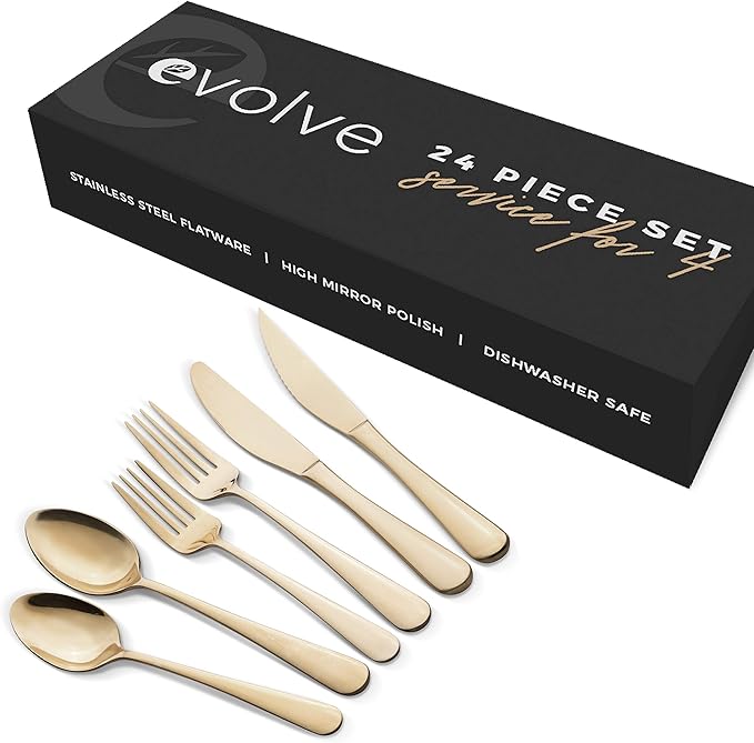 EVOLVE 18/8 Stainless Steel Silverware Set for 4 - Complete 24 Piece Flatware Cutlery Set - Elegant and Ergonomic Design- Dishwasher Safe -Stylish & Mirror Finish, Rust-Proof Utensil Sets. (Champagne)