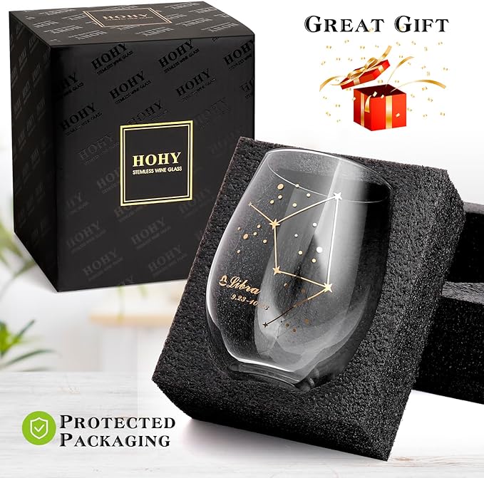 HOHY Libra Zodiac Wine Glass 20 Oz, Libra Zodiac Birthday Horoscope Gifts for Women, Birthday Wine Glass Astrology Constellation Christmas Gifts for Women, Constellation Wine Glasses Golden