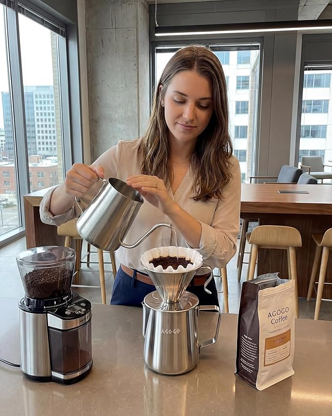 AGOGO Portable Pour Over Coffee Maker V60 Set - Easy Cleaning Compact 304 Stainless Steel Dripper for Camping & 50 Filters Paper & Cleaning Rag Silvery 30oz