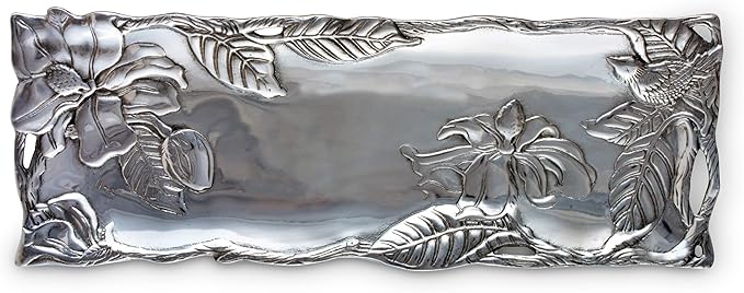 Arthur Court Designs Aluminum Magnolia Flower Metal Oblong Tray/Platter, 19 x 6 inches - Handcrafted Magnolia Blossoms and Twisting Branches, Freezer & Oven Safe, Engravable, Ideal for Wedding