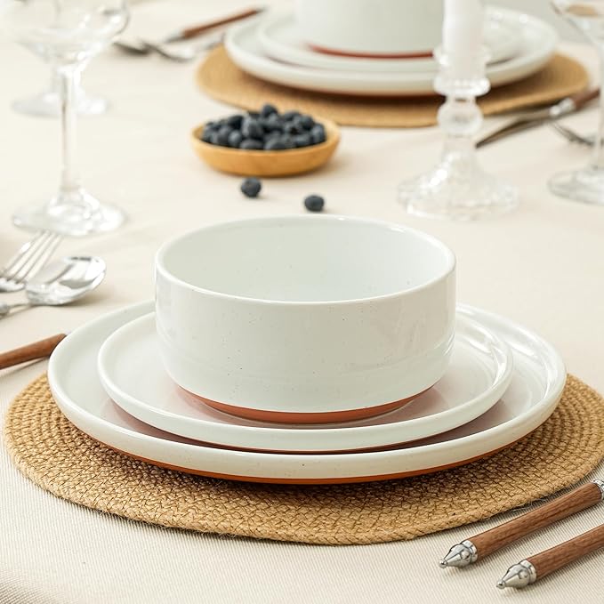 12 Piece Dinnerware Sets for 4, Dual Glaze Stoneware Plates and Bowls Set, Microwave and Dishwasher Safe, Stardust Glaze White