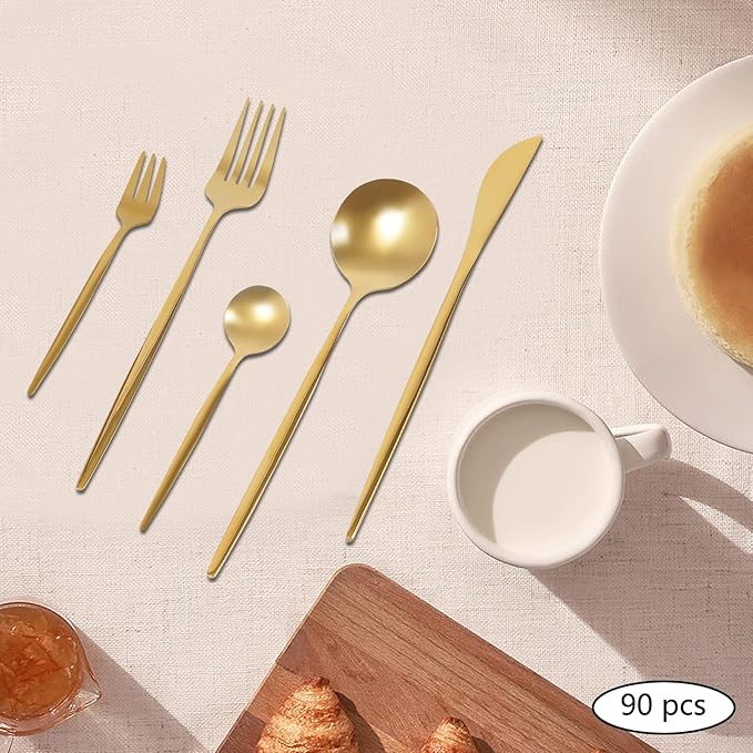 90 Piece Gold Silverware Set for 18, Gold Cutlery Utensils Set, Stainless Steel Flatware Include Knife Fork Spoon, for Kitchen Home Restaurant