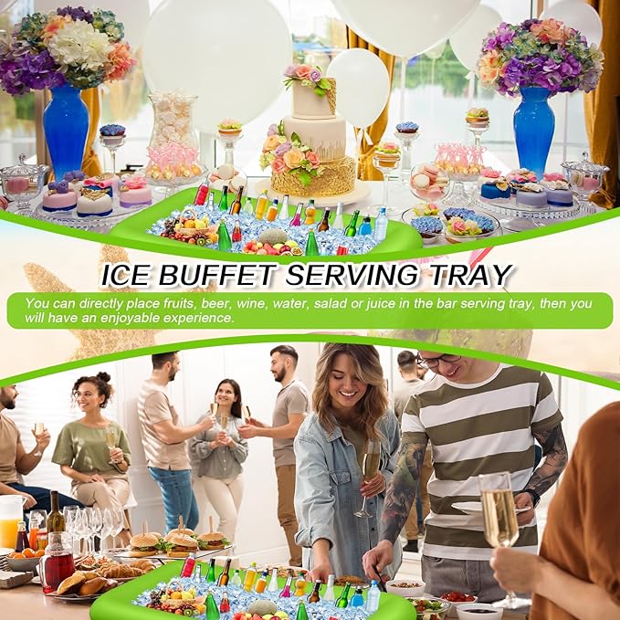 Leitee 3 Pcs Inflatable Serving Bar 52 x 24 x 5'' Ice Buffet Serving Tray Drink Cooler with Drain Plug Inflatable Pool Bar for Party Food Drink Holders with a Hand Pump(Green)