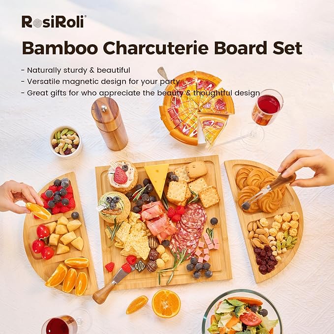 2Pack Charcuterie Board & Serving Set -Natural Bamboo Cheese Board with Magnetic Closure- Snack Tray Set, Perfert House Warming, Wedding & Couple Gift