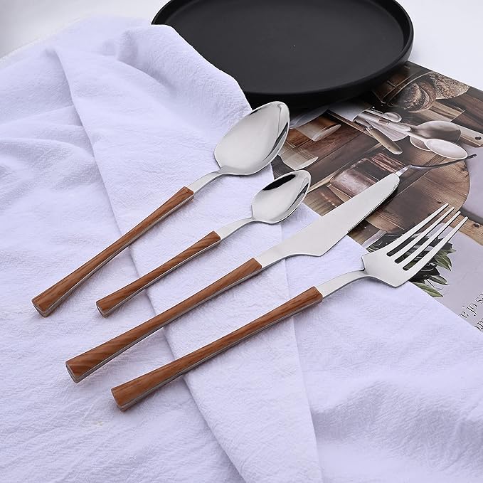 24PCS Flatware Set For 6 Stainless Steel Cutlery Set with Imitation Wood Grain Handle Kitchen Tableware With Knives Spoons And Forks Set Silver Mirror Polished Eating Utensils for Home & Camping