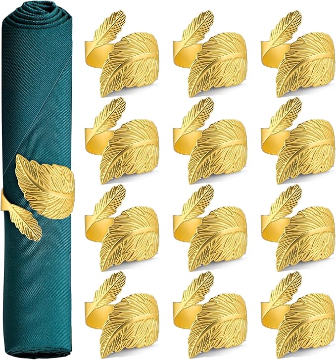 Gold Napkin Rings Set of 12, Metal Leaf Napkin Rings Cloth Napkin Holder for Weddings, Valentines Day, Holiday, Receptions, Dinner Party, Banquet, Buffet Table Decor