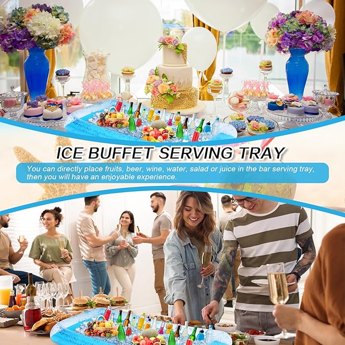 3 Pcs Inflatable Serving Bar Salad Ice Tray Food Drink Candy Buffet Containers Picnic Pool Inflatable Cooler with a Drain Plug and a Hand Pump, 53 x 23.6 x 4.7 Inch(Blue)