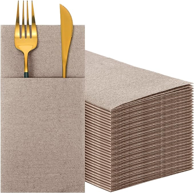 Cindeer 150 Pcs Wood Color Linen Dinner Feel napkins with Built in Flatware Pocket Prefolded Paper Disposable Airlaid Guest Hand Towel for Silverware Wedding Reception Christmas Baby Shower