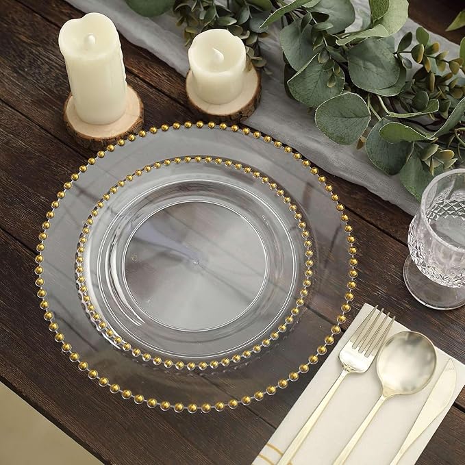 8" Salad Plates - Set of 20 - Plastic Clear Gold Round Disposable Dessert Appetizer Plate Beaded Rim, Ideal for Dinner Party Wedding Bulk Events