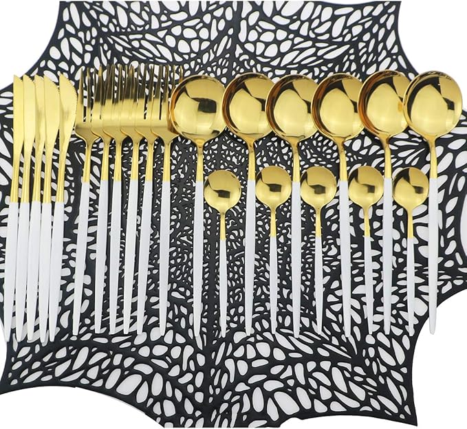 Shiny Silverware Sets, 24-Piece Elegant Cute White Handle Gold Cutlery set,304 Stainless Steel Silverware Set for Eating Home Kitchen Hotel Restaurant, Sets for 6 People, Dishwasher Safe
