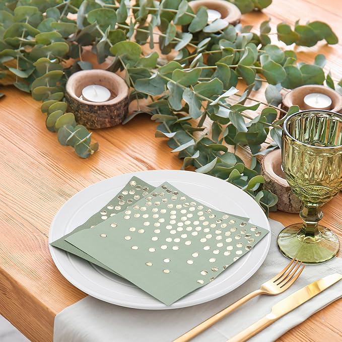 80 Pack of Paper Cocktail Napkins with Gold Foil Polka Dot Confetti，Polka Dot Party Supplies(5 x 5 in，2-ply) (80, Gradient Green)