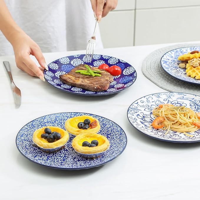 KitchenTour Ceramic Dinner Plates, 8.5 Inch Salad Plates Set of 4, Serving Plates for Dessert, Pasta, Steak, Dishwasher and Microwave Safe