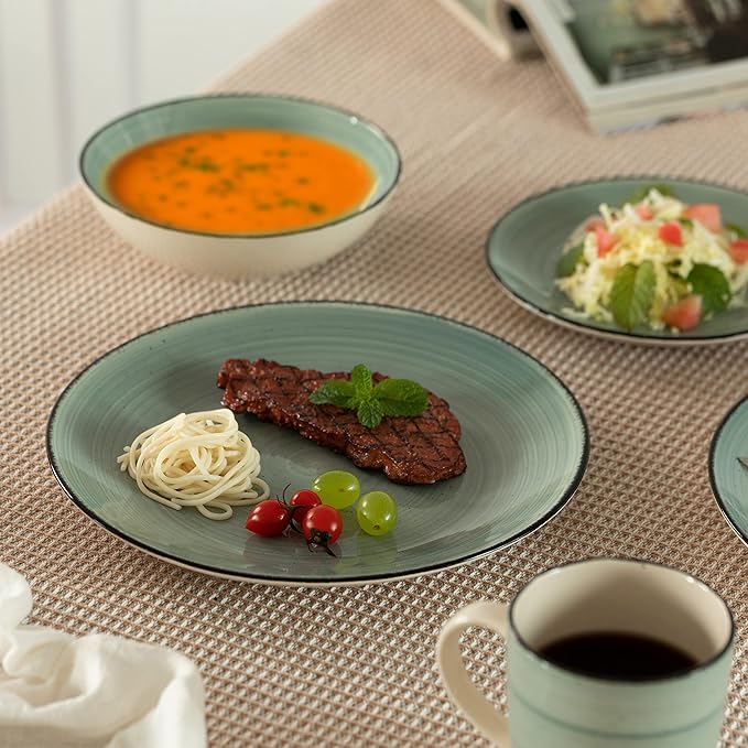 16 PC Spin Wash Dinnerware Dish Set for 4 Person | Mugs, Salad and Dinner Plates and Bowls Sets, Stylish Dishes with Highly Chip and Crack Resistant, Dishwasher and Microwave Safe, Green. QI004502.GN