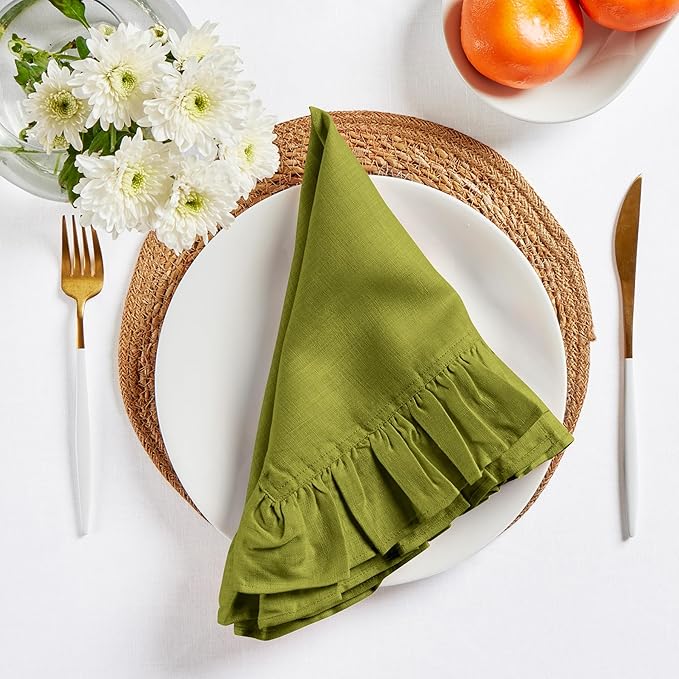 Solino Home Linen Ruffle Napkins Set of 4-100% Pure Linen Avocado Green Dinner Napkins Cloth 20 x 20 Inch - Gabrielle Ruffle, Handcrafted and Machine Washable
