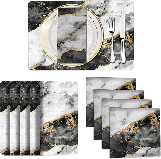 Mcalk 4 Each Black Marble Placemats and Cloth Napkins Set of 8, Modern Art Placemat, Marble Print Cloth Napkin for Home Kitchen Decor (Placemats 18 "x12 Napkins 18 "x18)
