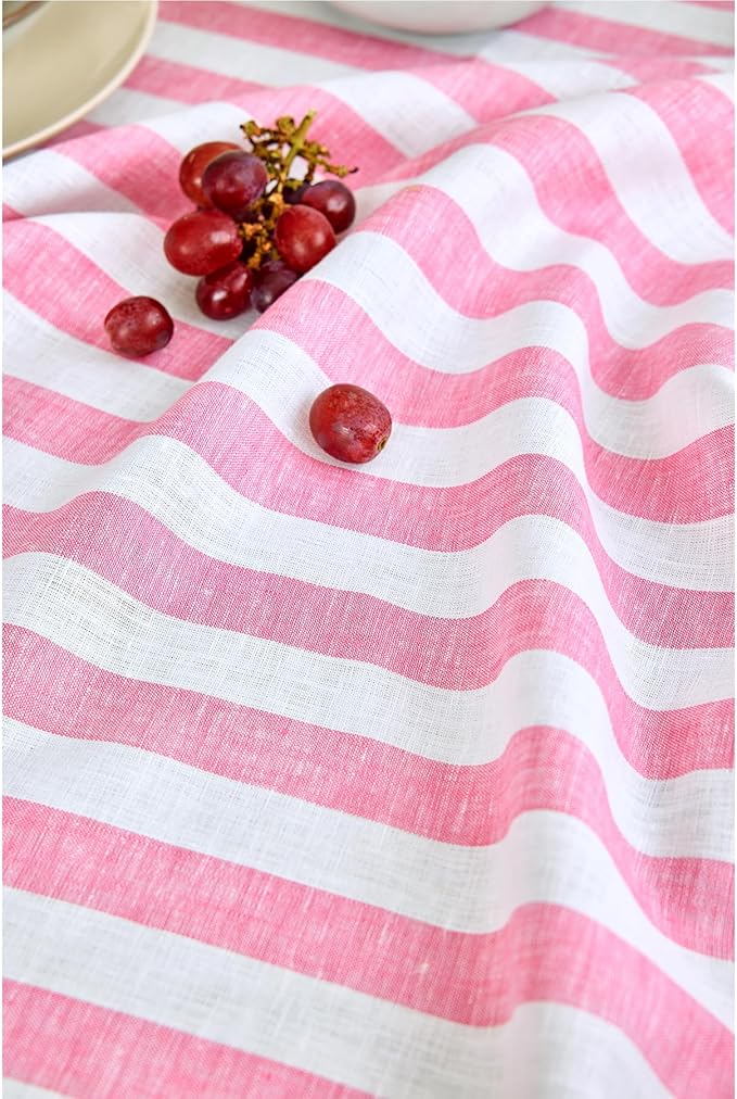Solino Home Linen Tablecloth 60 x 120 Inch - Sorrento Stripe 100% Pure Linen Chateau Rose and White Table Cloth for Rectangle Tables - Machine Washable Tablecloth for Valentines, Spring, Easter