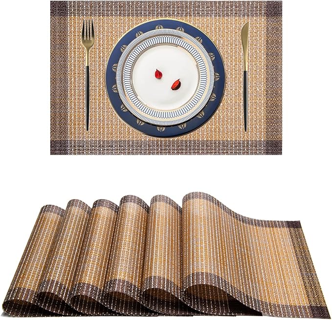 Placemats,PlasticVinyl Washable Heat-Resistant Durable PVC Non-Slip Woven for Kitchen Dining Table Mats (Coffee Gold Silver, Set of 8)
