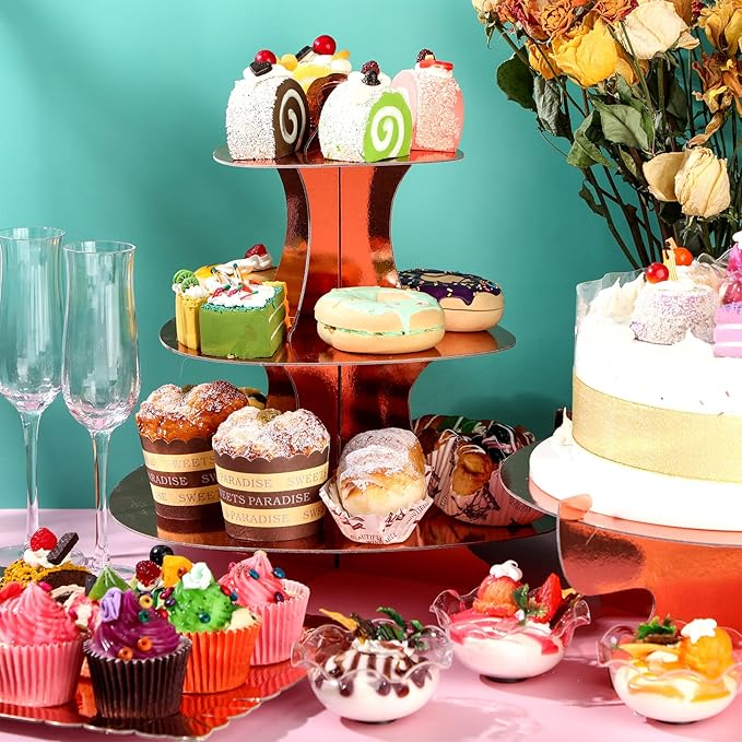 Zopeal 7 Pcs Dessert Table Display Set 3-Tier Cupcake Stand 1-Tier Cup Cake Display Tower Platters and Serving Trays Cardboard Cake Cookie Holders for Wedding Birthday Party Baby Shower(Rose Gold)