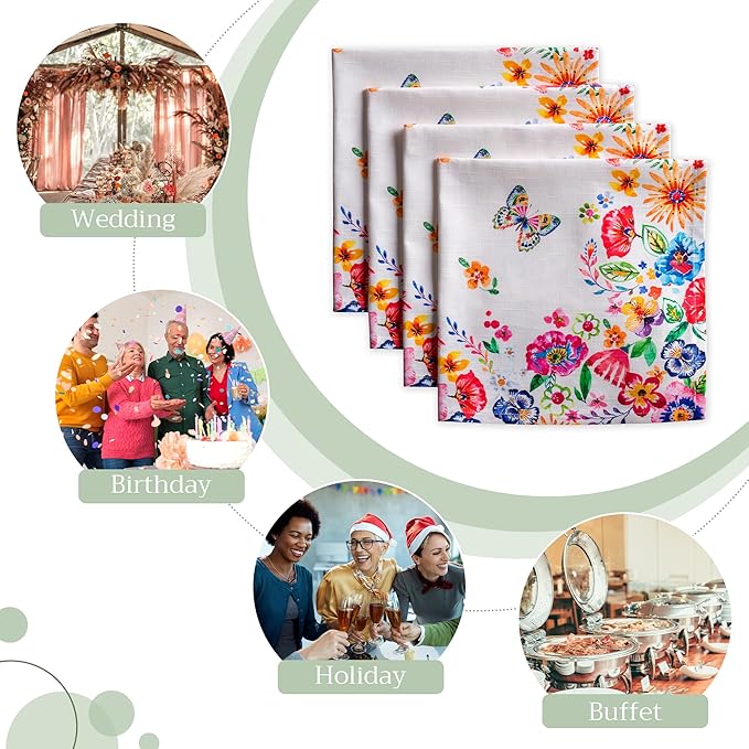 Maison d' Hermine Cloth Napkins Set of 4 100% Cotton Everyday Reusable Square Napkins Cloth Washable, Dinner, Party, Wedding, Restaurant, Spring/Summer (Happy Florals - High Summer, 20" x 20")