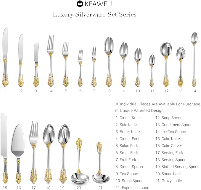 KEAWELL Luxury 65 Pieces 18/10 Stainless Steel Flatware set, Service for 12, silver plated with gold accents, Fine Silverware set and Dishwasher Safe