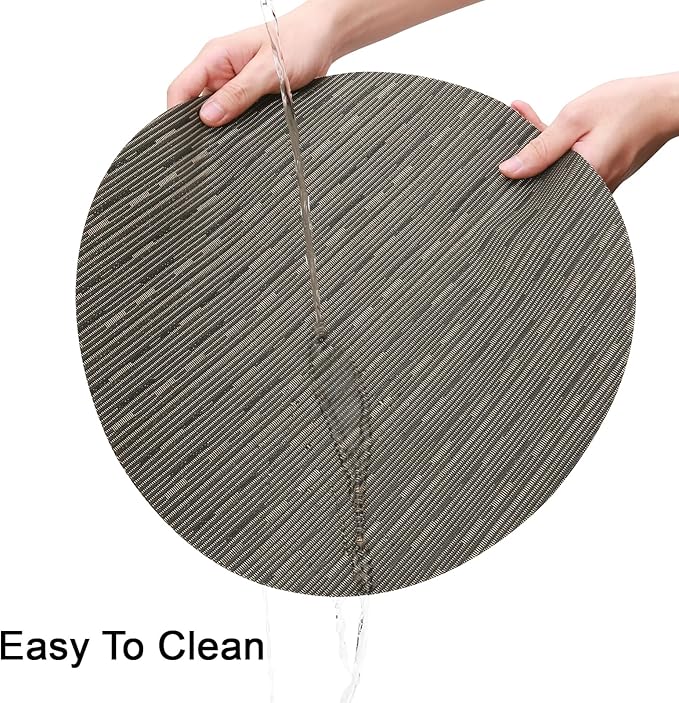 Round Placemats Set of 6 Heat Resistant Vinyl Placemats 15 inch Washable Non-Slip Table Mats Woven Place Mats for Dining Table (Black + Golden, Set of 6)