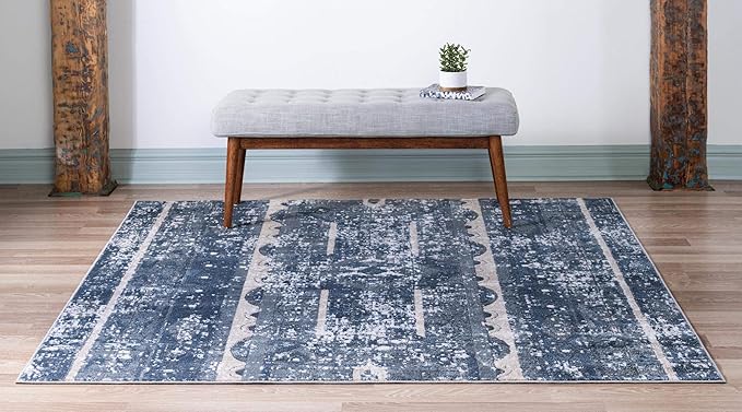 Rugs.com Oregon Collection Rug – 6 Ft Square Blue Low-Pile Rug Perfect for Living Rooms, Kitchens, Entryways