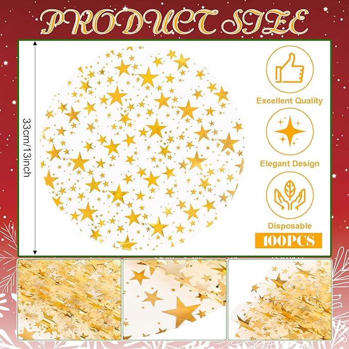 Gold Star Placemats Disposable Round Table Mat 13 Inch Golden Foil Mesh Pressed Placemat Tablecloths Glitter Table Runner for Birthday Party Wedding Home Dinners Tables Decor (Gold Star, 100 Pcs)