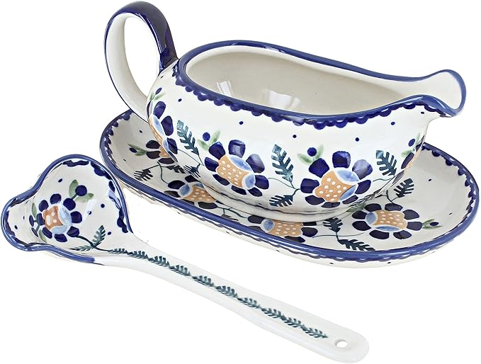 Blue Rose Polish Pottery Sunflower Gravy Boat & Ladle