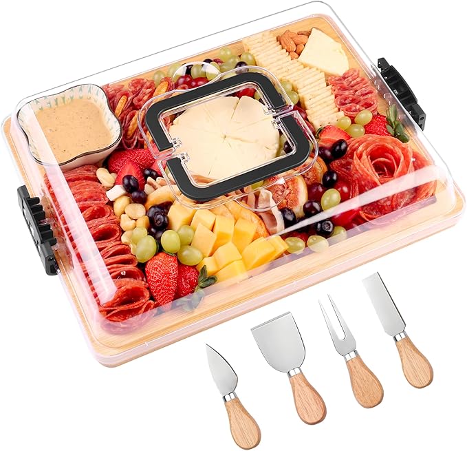 Charcuterie Board with Lid and Handle - Portable Travel Design Bamboo Cheese Board Set with 4 Cheese Tools, Gift for Housewarming, Weddings, Picnics(1 Compartment, Black)
