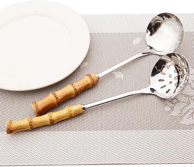 Gugrida Flatware Silverware Serving Set Silver Stainless Steel Hostess Serving Utensil Set with Bamboo Handle Dishwasher Safe, 2 Soup Spoon 2 Slotted Spoon