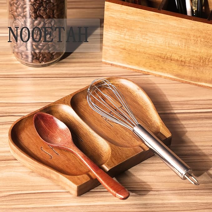 Large Acacia Wood Spoon Rest, Double Wooden Spoon Holder With Non Slip Silicone Feet, Handmade Kitchen Rest for Kitchen Countertop (Brown(Labeled "SPOON REST"))