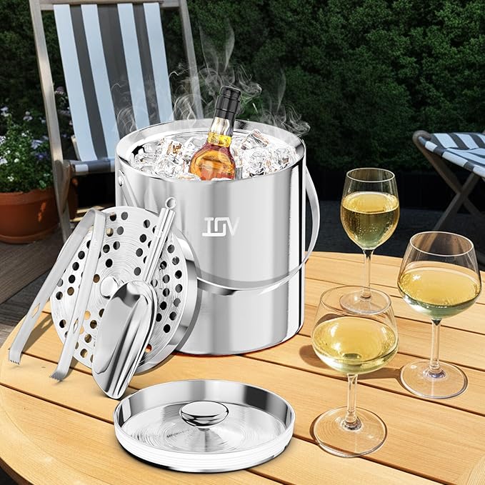 IOV Ice Bucket with Lid, Scoop, Tongs, and Strainer, 3 L Stainless Steel Double Wall Insulated Ice Bucket for Parties, Keeps Ice Frozen Longer, Ideal for Cocktail Bars, Freezers, and Wine - Silver