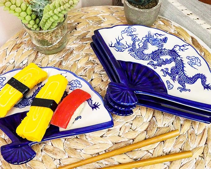 Ebros Pack Of 4 Colorful Oriental Folding Fan Shaped Appetizer Sushi Dessert Serving Dish Plates Decorative Asian Themed Artistic Dinner Lunch Serveware Plate Set (Blue White Dragon King Feng Shui)
