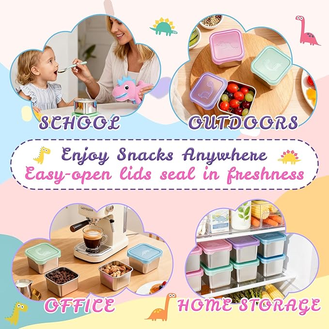 6-Pack Small (6 oz) Stainless Steel Snack Containers for Kids, Easy-Open Toddler Snack Containers with Lids - Cute Dinosaur Small Stackable Metal Lunch Box for Daycare, School, Travel