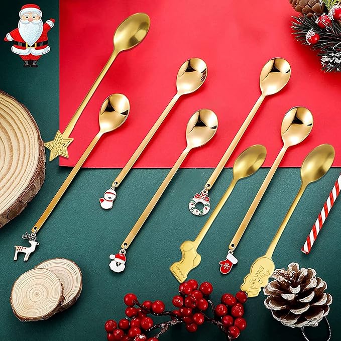 10 Pieces Christmas Stirring Spoons Stainless Steel Coffee Dessert Teaspoons Christmas Tableware Spoons for Xmas Party Table Decorations