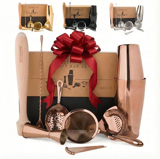 A Bar Above 14-Piece Antique Copper Bartender Kit, Premium Stainless Steel Barware Gift Set for Home Bar, Includes Shaker, Jigger, Strainers, Spoon, Picks, Professional Mixology Tools