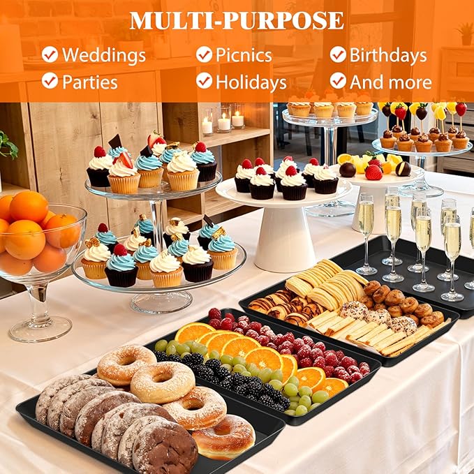 10-Pack Serving Tray Set, Reusable Plastic Serving Platter for Party Supplies, Entertaining, Grilling Accessories, Stackable Kitchen Snack Container for Dessert, Fruit, Cookie, (Black)
