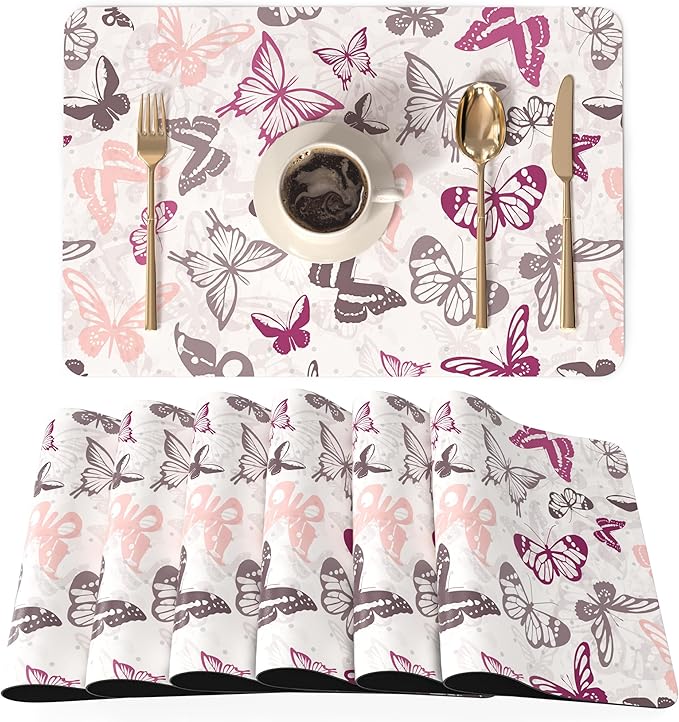 QIYI Placemats Set of 6, 12x18 Inch PU Leather Place Mats for Kitchen Dinning, Heat Resistant Anti Slip Table Mats, Waterproof Wipeable Washable Placemat Party Table Décor, Watercolor Butterflies