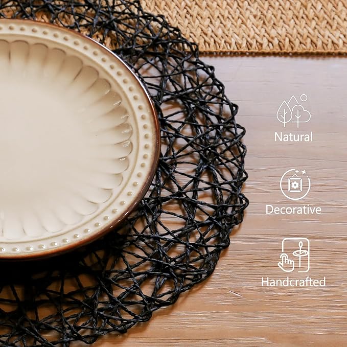 AHHFSMEI Paper Braided Round Placemats Set of 8 Natural Non-Slip Heat Resistant Table Mats for Dining Tables Woven Indoor & Outdoor Place mats(Black,8)