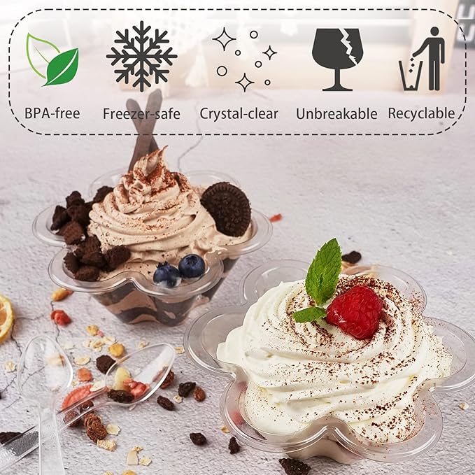 100ct 8oz Clear Plastic Dessert Cups with Spoons, Disposable Flower Shaped Ice Cream Bowls, Party Sundae Serving Bowls for Ice Cream, Nuts and Salad, Trifle Tasters Containers