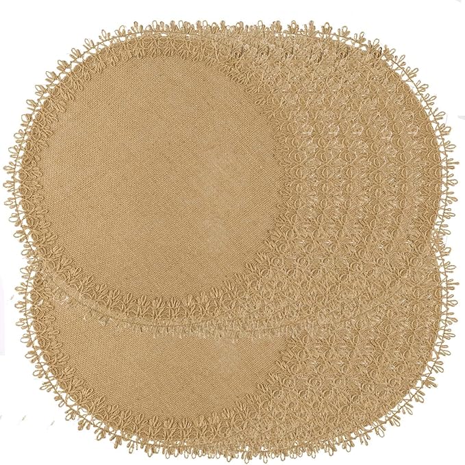 Round Burlap Placemats Set of 12 Jute Rustic Place Mats for Dining Tables Heat Resistant Natural Farmhouse Table Mats Decor (Flower Tassel New)
