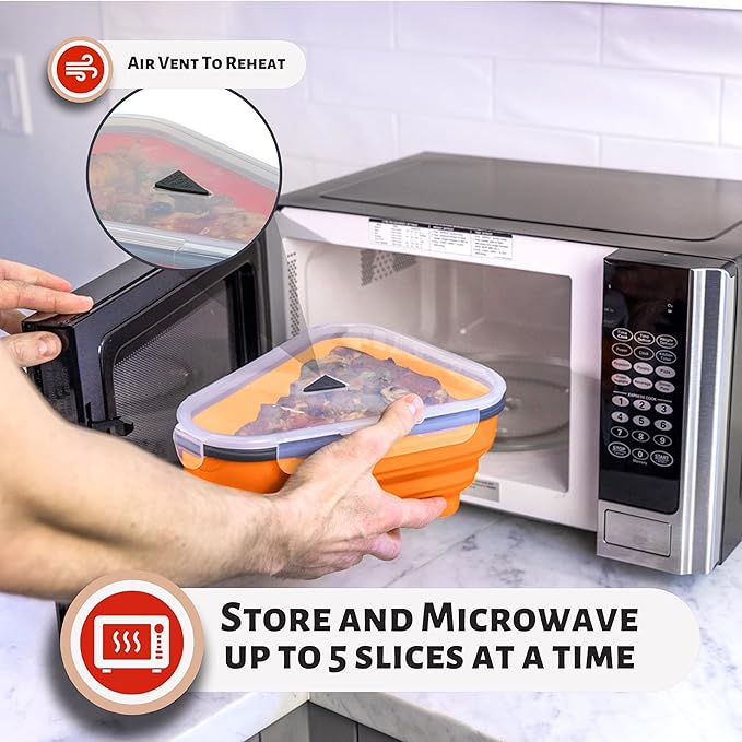 PIZZA PACK The Perfect Reusable Pizza Storage Container with 5 Microwavable Serving Trays - BPA-Free Adjustable Pizza Slice Container to Organize & Save Space, Orange