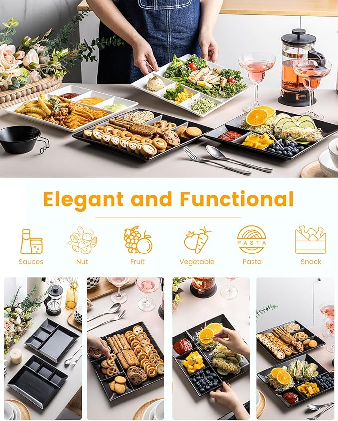 LAUCHUH Divided Serving Platters, 11 x 11 inch Porcelain Chip & Dip Serving Set Dinner Serving Tray 4 -Compartment Serving Dishes for Christmas, Candy, Nuts,Veggies, Snacks and Sauce, Black