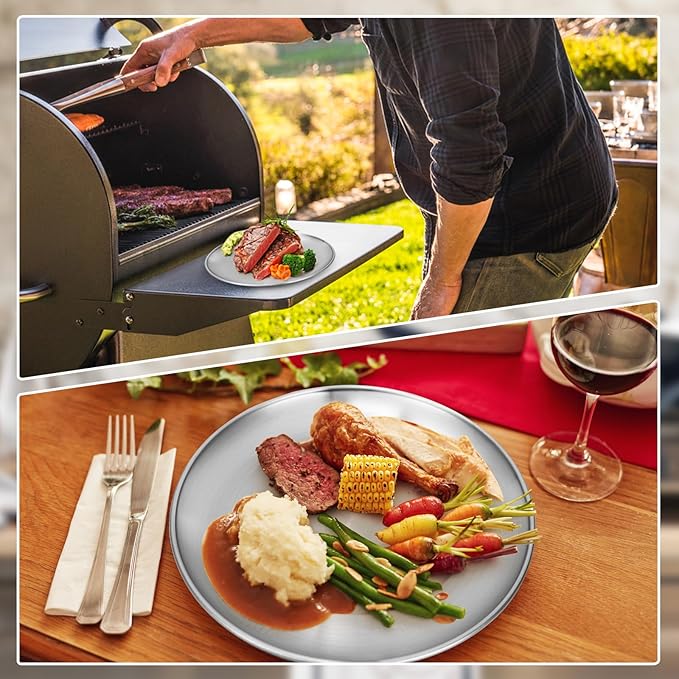 Metal Dinner Plate, 4 Pack 10.2 inch 304(18/8) Stainless Steel Plates, Reusable lunch salad Pizza BBQ Food Serving Snack Eating Dishes Round Shatterproof Plate Silver Dinnerware Oven Safe