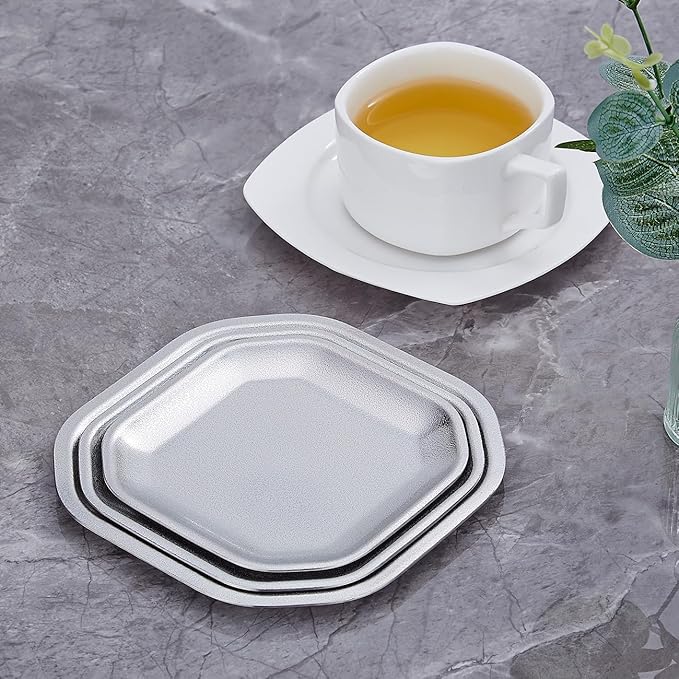 5.9x5.9 inch square Appetizer Plates,thick stainless steel Dinner Plates, Pasta Dessert Plates for Sushi, Fruit oven/Dishwasher Safe, Set of 4,silver