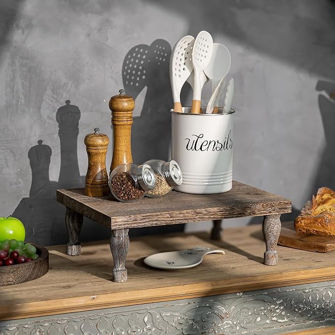 Hanobe Wooden Riser Decorative Tray: Farmhouse Wood Pedestal Display Stand Rustic Brown Tray Riser Centerpiece for Coffee Bar Kitchen Dining Room Home Table Decor, Short & Tall Footed