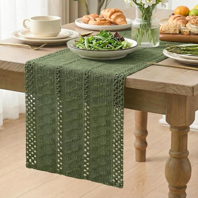 Artoid Mode Army Green Farmhouse Woven Rustic Hollow Table Runner, Seasonal Holiday Hollow Kitchen Dining Table Decoration for Home Party Decor 12x60 Inch