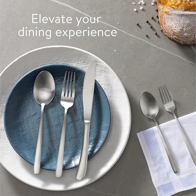 Navaris Silverware Set - 60-Piece 18/0 Stainless Steel Kitchen Cutlery Sets with Satin Silver Finish - Versatile Dinner Knives and Forks and Spoons Dinner Set for 12 People