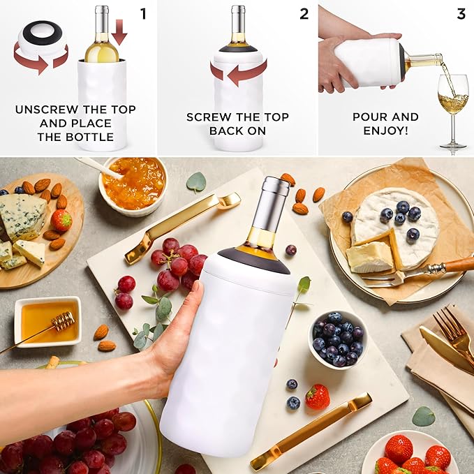 Premium Wine Chiller - 750ml Stainless Steel Wine Bottle Cooler, Vacuum Insulated & Double-Walled - Keeps Wine Cold for 6+ Hours - Champagne Chiller Sleeve for Most Bottles - White